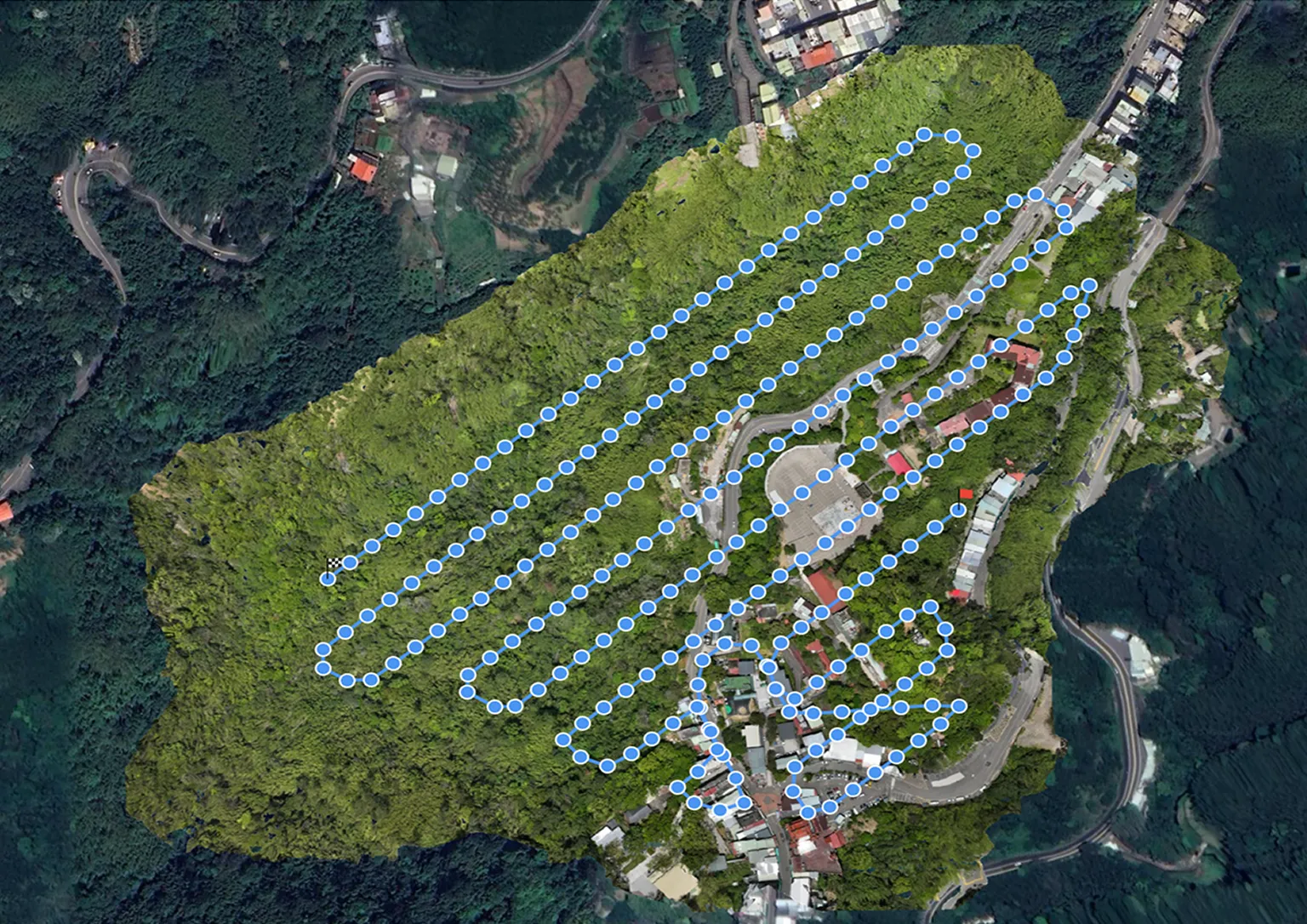 Post-mission UAV data visualization showing full flight path and coverage area for reporting and delivery