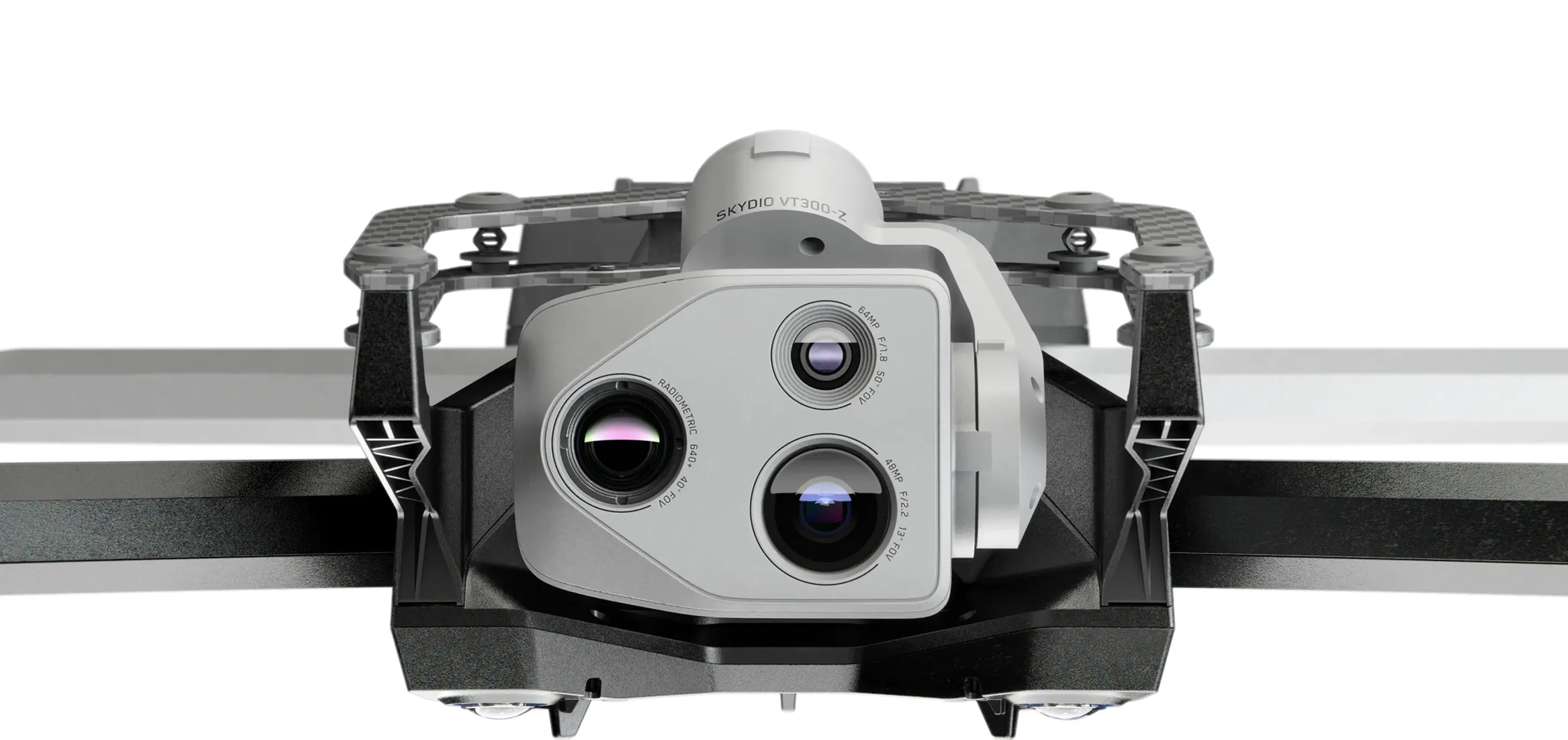 Close-up of Skydio X10 front camera module featuring autonomous flight and multi-sensor awareness